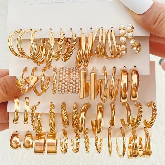 24Pairs Golden Hoop Earrings Set With Faux Pearl Decor Sexy Simple Style Jewelry - Picture 1 of 7